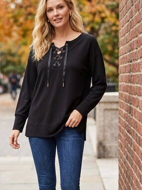 White House Black Market Black Lace Up Long Sleeve Tunic Top Small